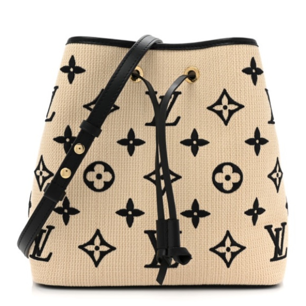 LOUIS VUITTON Cotton Monogram Embroidered Neonoe MM Beige Black Bucket Bag